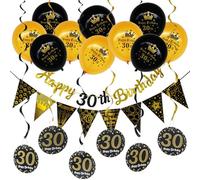 DiiWmme Set di decorazioni per 30° compleanno, palloncini, striscioni e vortici, forniture per feste di 30 anni, per ragazzi e ragazze, decorazione riutilizzabile per feste di compleanno (30° nero)