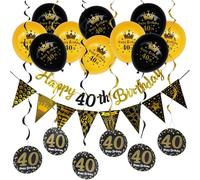 DiiWmme Striscione decorativo per 40° compleanno, nero oro, striscione per il 40° compleanno, per donne e uomini, decorazioni per 40° festa con bandiere, palloncini, vortici (40° nero)