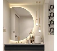 Dijateman Mezza Luna Specchio da Bagno a LED, 3 Colori di Luce Senza Cornice Specchio Decorativo con Interruttore Tattile, Grande Specchio Montato a Parete(Right semicircle,90cm)
