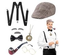 DIKARIYA Accessori Gatsby Anni 20, Costume Mafia Carnevale Uomo, Set Gangster Con Cappello, Orologio da Tasca, Elastico Regolabile, Bretelle per Feste di Ruolo Halloween