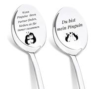 DIKARIYA Regali per donne e uomini, Natale, 2 cucchiaini da caffè con incisione, pinguino, regalo di anniversario per lui e per lei, regalo di nozze per sposi, regali per partner