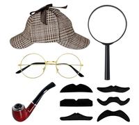 DIKARIYA Set di accessori per costume da detective, 5 pezzi, Sherlock Holmes, accessori per costume con cappello detective, occhiali falsi baffi, lente di ingrandimento, per Halloween, carnevale