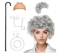 DIKARIYA Set di Parrucche per Nonna, 8 Pezzi Kit Parrucca da Nonnina per Travestimento, Accessori Cosplay e Costumi della Nonna, Collana di Perle e Bastoncino da Passeggio per Feste, Cosplay e Costumi