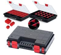 DIKEL Kistenberg - Scatola di assortimento con divisori e scatole da 34,5 x 25 x 10 cm, scatola per viti mobile e rivista di piccole dimensioni, per officina, con manico ergonomico, colore nero/rosso