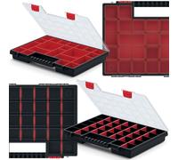 DIKEL Kistenberg - Scatola di assortimento con divisori e scatole da 40 x 30 x 10 cm, con contenitore per viti e rivista di piccole dimensioni, per officina, con manico ergonomico, nero/rosso