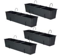 DIKEL Set di fioriera da balcone, 4 x 69 cm x 17 cm, resistente alle intemperie, con sottovaso e supporto, in effetto rattan, per piante eleganti di terrazzo e balcone, colore: antracite