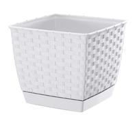 DIKEL Vaso da fiori 19 x 16 cm, in plastica effetto rattan, vaso da fiori con piattino, per interni ed esterni, resistente alle intemperie, colore bianco