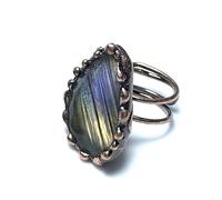 Dikixe Anello da donna in rame elettroplaccato con turchese antico, labradorite drusa, stile occidentale, con gemma naturale, aperto, regolabile, per cocktail, Regolabile, Labradorite, Labradorite
