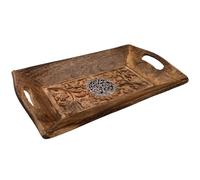 Diko.style® - Vassoio decorativo rettangolare in legno piccolo - 24 x 15,5 x 4,5 cm - Vassoio in legno allungato - decorazione orientale boho - Vassoio decorativo in legno - Fiore di loto