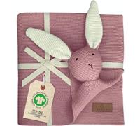 DIKOS® coperta neonato 2 in 1 con coniglietto coccolone (color lampone) - copertina e doudou in cotone biologico morbido (GOTS & OEKO-TEX 100) - regalo nascita per neonata, dolce e originale