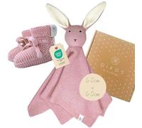 DIKOS® Doudou Neonato Coniglietto & Calzini Rosa Antico - Set Regalo Premium in Morbido Cotone Biologico Lavorato a Maglia (Oeko-TEX) - Copertina Coccole come Primo Peluche -Regalo Nascita Bimba