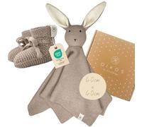 DIKOS® Doudou Neonato Coniglietto & Calzini - Set Regalo Premium in Morbido Cotone Biologico Lavorato a Maglia (Oeko-TEX) - Copertina Coccole come Primo Peluche - Beige/Marrone - Regalo Nascita