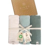 DIKOS® Premium Mussole Neonato | 100% Cotone Biologico Certificato GOTS | Set 3 Pezzi 64x64cm | Morbida Mussola per Bambino e Bambina | Nascita Regalo Perfetto per Neonati (menta, crema)