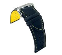 diloy Cinturino pelle liscia forata rally racing - Cuciture e fodera colorate - Misure 18mm 20mm 22mm 24mm - Nero con rosso blu giallo arancione bianco - Design sportivo 380 Negro y Amarillo -55