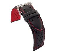 diloy Cinturino pelle liscia forata rally racing - Cuciture e fodera colorate - Misure 18mm 20mm 22mm 24mm - Nero con rosso blu giallo arancione bianco - Design sportivo 380 Nero E Rosso 18mm