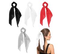 Dimeho 4 elastici per capelli con fiocco, per capelli, in raso, elastici per capelli, in chiffon, per feste, Halloween, donne (nero/bianco/rosso/grigio)