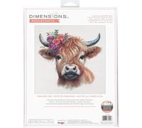 Dimensions 70-35449 - Kit per punto croce, motivo: mucca delle Highland, 28 x 28 cm, tela Aida bianca da 14 ct, 4 pezzi