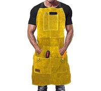 DIMWELD Grembiule Saldatore Professionale in Pelle con 6 Tasche per Utensili. Grembiule Uomo da Lavoro di Cuoio Molto Resistente per Fabbro o Falegname - Giallo