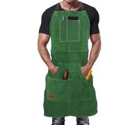 DIMWELD Mandrino da saldatore premium in pelle protettiva per uomo. Grembiule da fabbro termico ignifugo per saldatura in officina con 6 tasche per attrezzi, Verde, Taglia unica