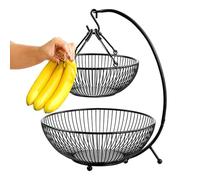 Dinchaakuarry 2-Tier Metal Fruit Basket, Countertop Vegetable With Banana Hanger 2-Tiered Basket Handheld Detachable Large Capacity For Snack