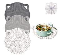 DINGC 3 Tovagliette Colazione Rotonde Colorate, Set Tovagliette Lavabili Tovaglietta Morbida Spesse, Carino Tovaglietta Forma di Gatto in Cotone Lino Cucina (30cm, grigio chiaro, bianco) (AA-1001)