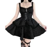 DINGJIUYAN Abito gotico a linea A a pieghe con svolazzo estivo per donne Harajuku Lolita con pizzo, vestiti da donna Y2K retrò grunge streetwear, 2-nero, S