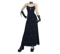 DINGJIUYAN Maxi abito da donna floreale con spalline sottili abiti in rete per uscire festival concerto abiti gotici grunge, Nero , L