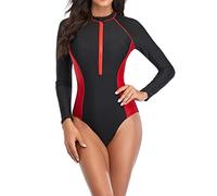 Dinglong Abbigliamento Donna Manica Lunga Rash Guard Sun Swim Top Camicie da Bagno per Il Nuoto Escursionismo Surf Costume da Bagno con Zip Frontale con Stampa Floreale Surf Abbigliamento (Red, S)