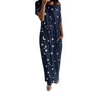 Dinglong Camicia da Notte con Bottoni Abito Lungo Ampio da Donna Casual a Maniche Corte con Stampa di Stelle e Luna, Tasche su Una Spalla Camicia da Notte con bottonipigiama Donna Lovable