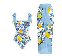 Dinglong Costume Mamma E Figlia Uguali Costume da Bagno Vintage da Donna con Stampa di Limone Costumi da Bagno 1 Pezzo + 1 Pezzo Cover UP Costume da Bagno con Stampa Vintage in Due Pezzi (Blue, XL)