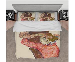 DINGSION Egon Schiele Down Copripiumino 3 pezzi Ritratto della moglie dell'artista seduta, tenendo la gamba destra Camera da letto biancheria da letto con 2 cuscini Shams 240 x 220 cm
