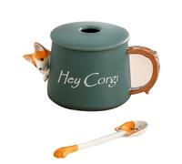 DINHEAROM Tazza da Caffè in Ceramica Corgi 420Ml con Coperchio e Cucchiaio Tazza Creativa per Bevande Calde Manico Ergonomico per Casa e Ufficio