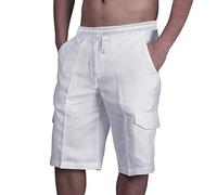 Dinnesis Pantaloncini sportivi da uomo, in cotone e lino, corti, estivi, ad asciugatura rapida, da spiaggia, MTB, con tasche multiple, bermuda bianchi, pantaloni corti da uomo, elasticizzati, per