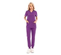 Dinnesis Tuta per la cura da donna, divisa medica, con top e pantaloni, elegante 2 pezzi, da donna, scollo a V, top + pantaloni in tessuto, Lilla, s