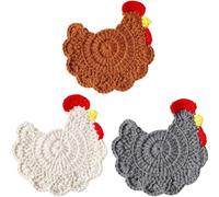 Dinntty 3 Sottobicchieri a Forma di Gallina, Decorazioni per Scrivania Realizzate all'Uncinetto, Simpatici Sottobicchieri a Forma di Animali, Divertenti Regali a Tema Gallina per Donne