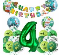 Dino compleanno decorazione 4, dinosauro decorazione di compleanno 4 anni, palloncini verdi in pellicola con numeri 4 con striscione Happy Birthday per dinosauro, festa di compleanno dei bambini