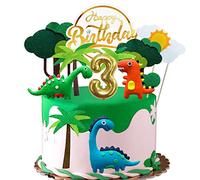 Dino - Decorazione per torta 3 anni, motivo: dinosauro con candela di compleanno, decorazione per il 3° compleanno