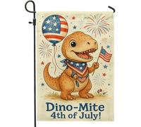 Dino-Mite - Bandiera da giardino per il 4 luglio, con simpatico dinosauro arancione, decorazione estiva per la casa, 30,5 x 45,7 cm