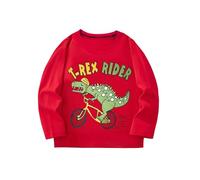 Dino Print T-shirt a maniche lunghe per ragazzi, abbigliamento casual morbido con scollo rotondo, comoda top per bambini per tutti i giorni all'aperto, Colore: rosso, 5-6 Jahre