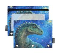 Dino Under Sky, set di 2 astucci per raccoglitori a 3 anelli, con cerniera liscia e finestra in PVC trasparente, per articoli scolastici