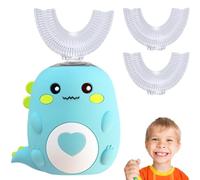 Dinobrush 360 Kids Ultrasonic Toothbrush, Lulabini Toothbrush with 2 U Shaped Silicone Brush Heads, Dino Electric Tooth Brush, LED Light & Dino Look, Dinobrush Toothbrushes - Built for Kids (Cyan, S)