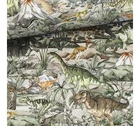 Dinoland, 100 x 150 cm, tessuto per bambini con dinosauri, tessuto per cucire per bambini, oltre 10 specie di dinosauri, tessuto di cotone animale, non al metro, 100 x 150 cm
