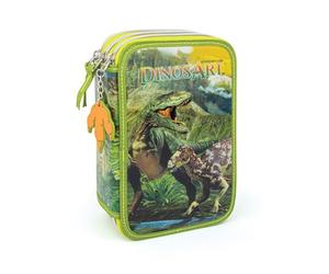 Dinos Art - Astuccio Dinosauri a 3 scomparti con pastelli, pennarelli e set completo di cancelleria per scuola primaria