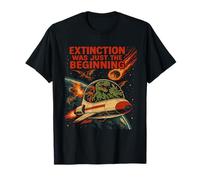 Dinosaur Spaceship Escaping Earth Meteor Apocalypse Scene Maglietta