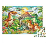 Dinosauri Cartoon Puzzle 52x38cm 1000 Pezzi Carta Riciclata Adulti Vulcano Preistorico Scena Divertente Stimolante Gioco Regalo Educativo 12+ Anni