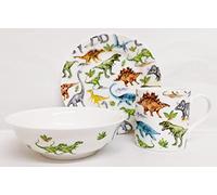 Dinosauri Set Colazione 3 Pezzi Piatto Tazza & Cereali Ciotola Fine Bone China Bambini Set Dinos Collage Decorato A Mano UK