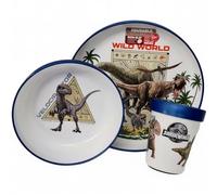 DINOSAURI - Set di stoviglie riutilizzabile per bambini bicolore - Set composto da 3 pezzi: Piatto, ciotola e bicchiere per bambini e bebé con base antiscivolo - Senza BPA - J U R A S S I C
