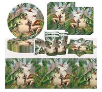 Dinosauri Stoviglie per Bambini, 49 Pezzi Dinosauro Piatti e Bicchieri Carta per Feste per Compleanni dei Bambini, Feste a Tema- 16 Piatti, 16 Tazze, 16 Tovaglioli, 1 Tovaglia
