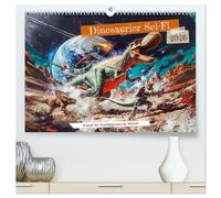 Dinosaurier Sci-Fi - Kampf der Urzeitgiganten im Weltall (hochwertiger Premium Wandkalender 2026 DIN A2 quer), Kunstdruck in Hochglanz: Weltraum-Chaos: Dino-Galaxie in Gefahr