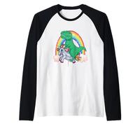 Dinosauro T Rex Che cavalca Unicorno Palloncino Arcobaleno Maglia con Maniche Raglan